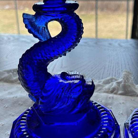 Vintage Pair of Cobalt Blue Glass Dolphin Koi Fish Candlestick Holder - Picture 8 of 16